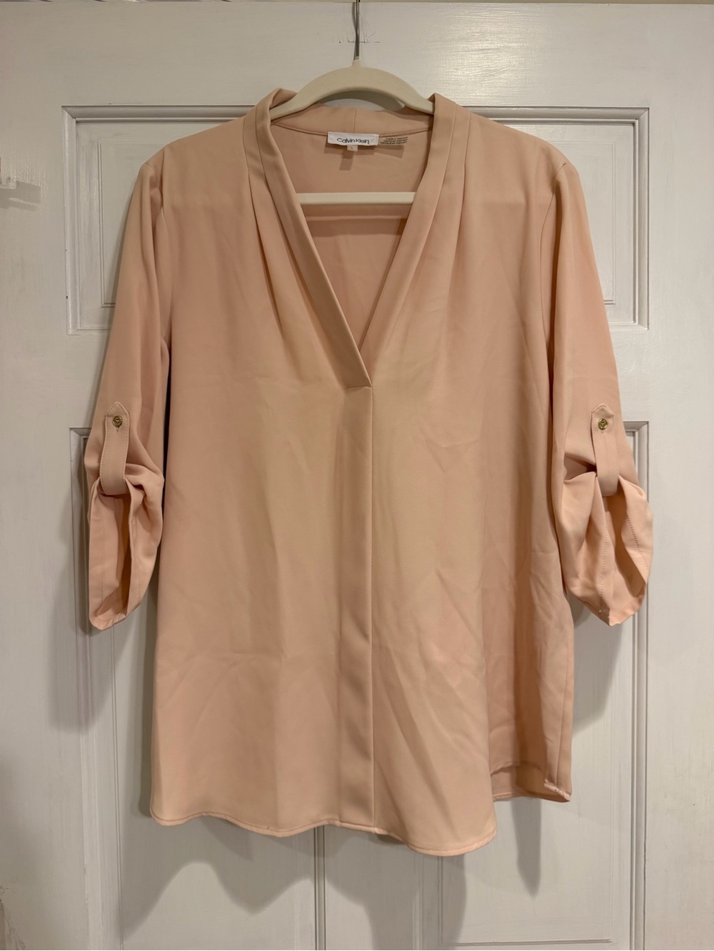 Calvin Klein Soft Pink V-Neck Roll-Sleeve Blouse